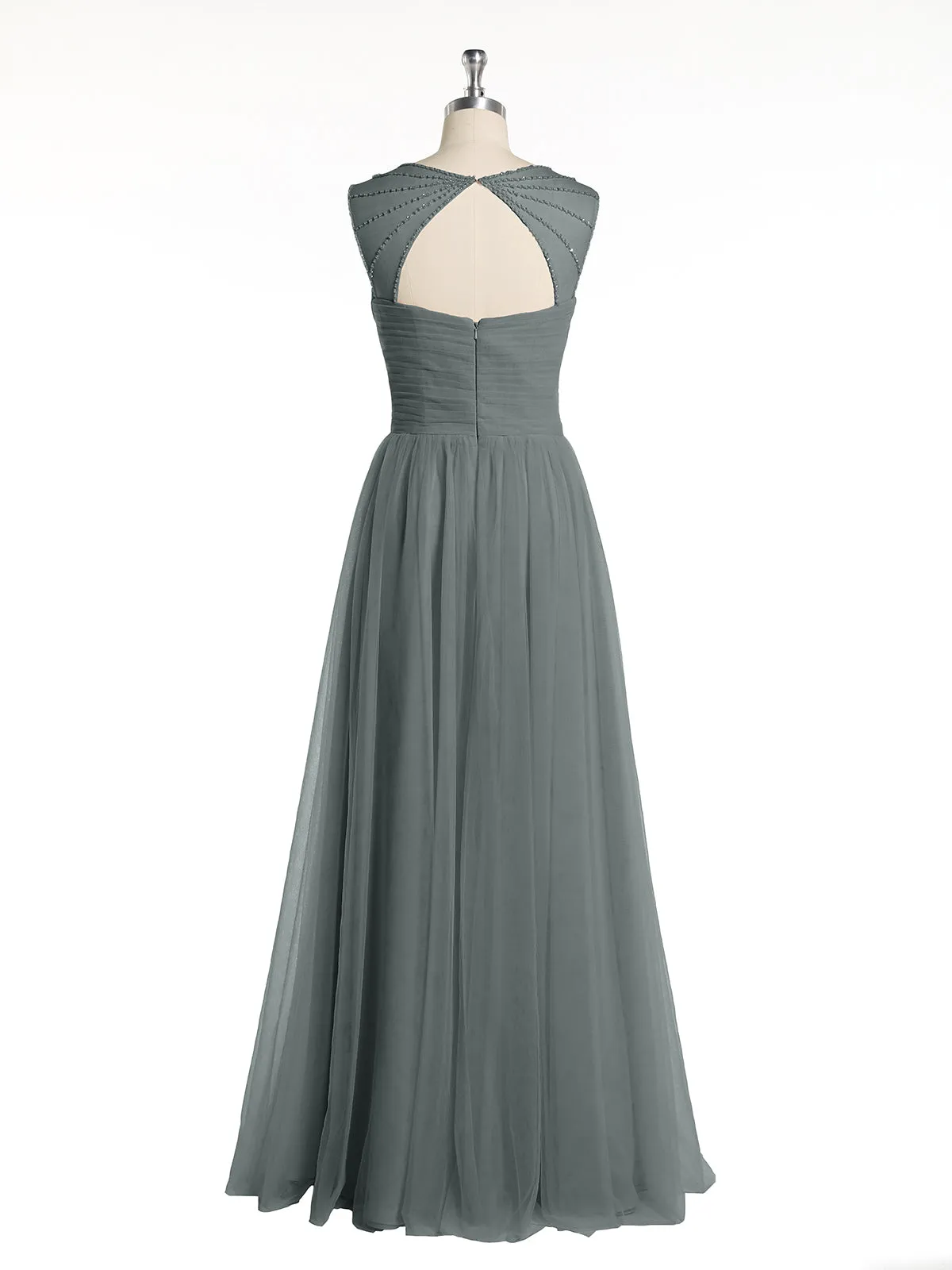 Cross-Pleated Tulle Long Dresses with Beaded Straps Steel Grey Plus Size