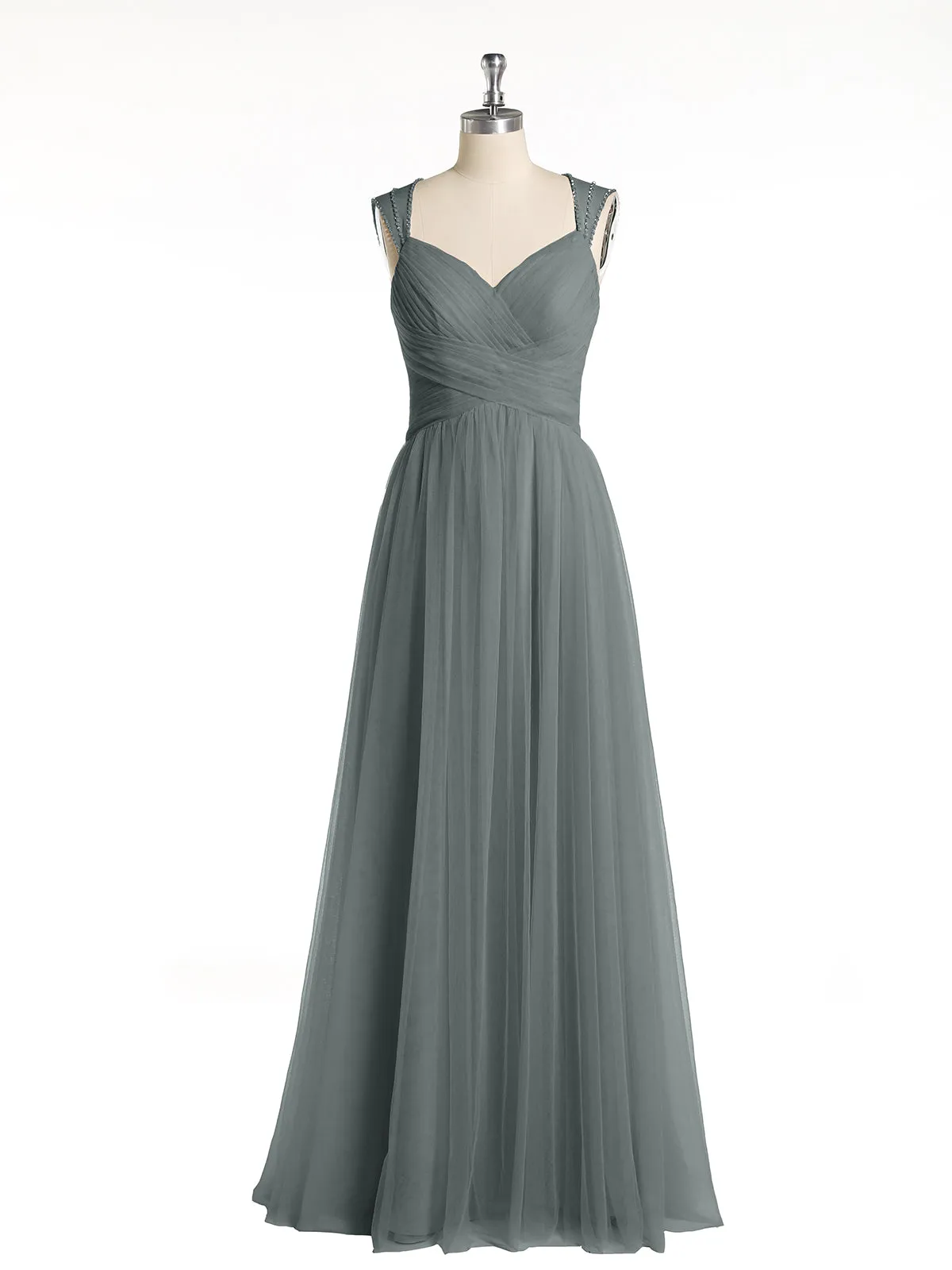 Cross-Pleated Tulle Long Dresses with Beaded Straps Steel Grey Plus Size