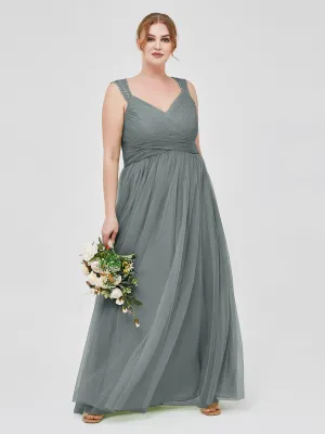 Cross-Pleated Tulle Long Dresses with Beaded Straps Steel Grey Plus Size