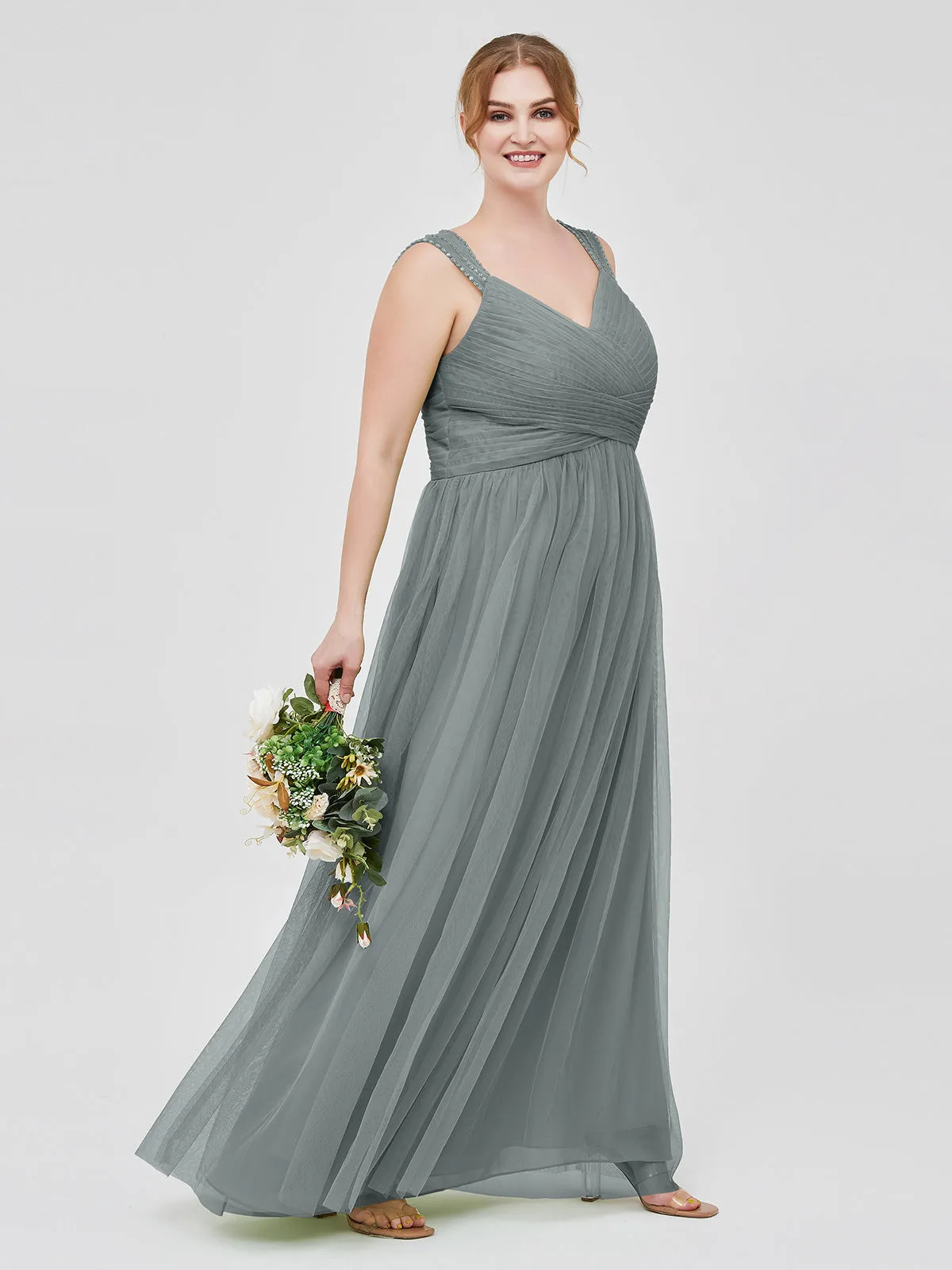 Cross-Pleated Tulle Long Dresses with Beaded Straps Steel Grey Plus Size