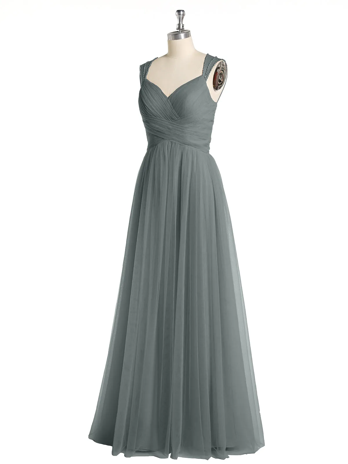 Cross-Pleated Tulle Long Dresses with Beaded Straps Steel Grey Plus Size