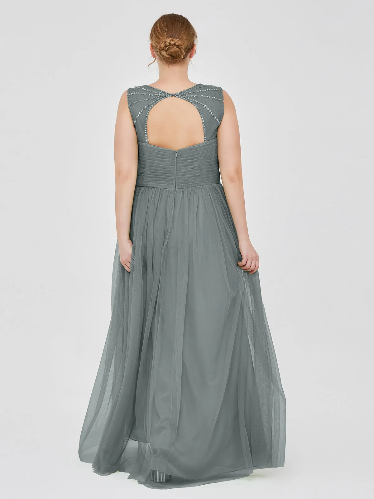 Cross-Pleated Tulle Long Dresses with Beaded Straps Steel Grey Plus Size