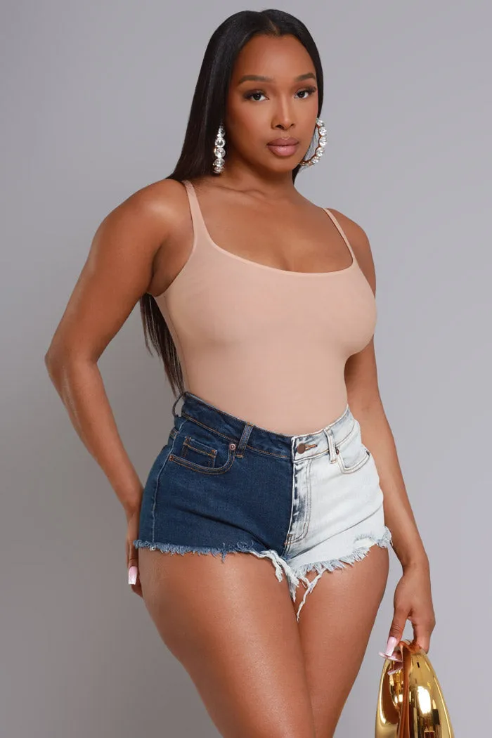 Double Vision High Rise Frayed Hourglass Denim Shorts - Duo Toned