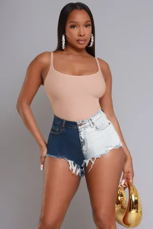 Double Vision High Rise Frayed Hourglass Denim Shorts - Duo Toned