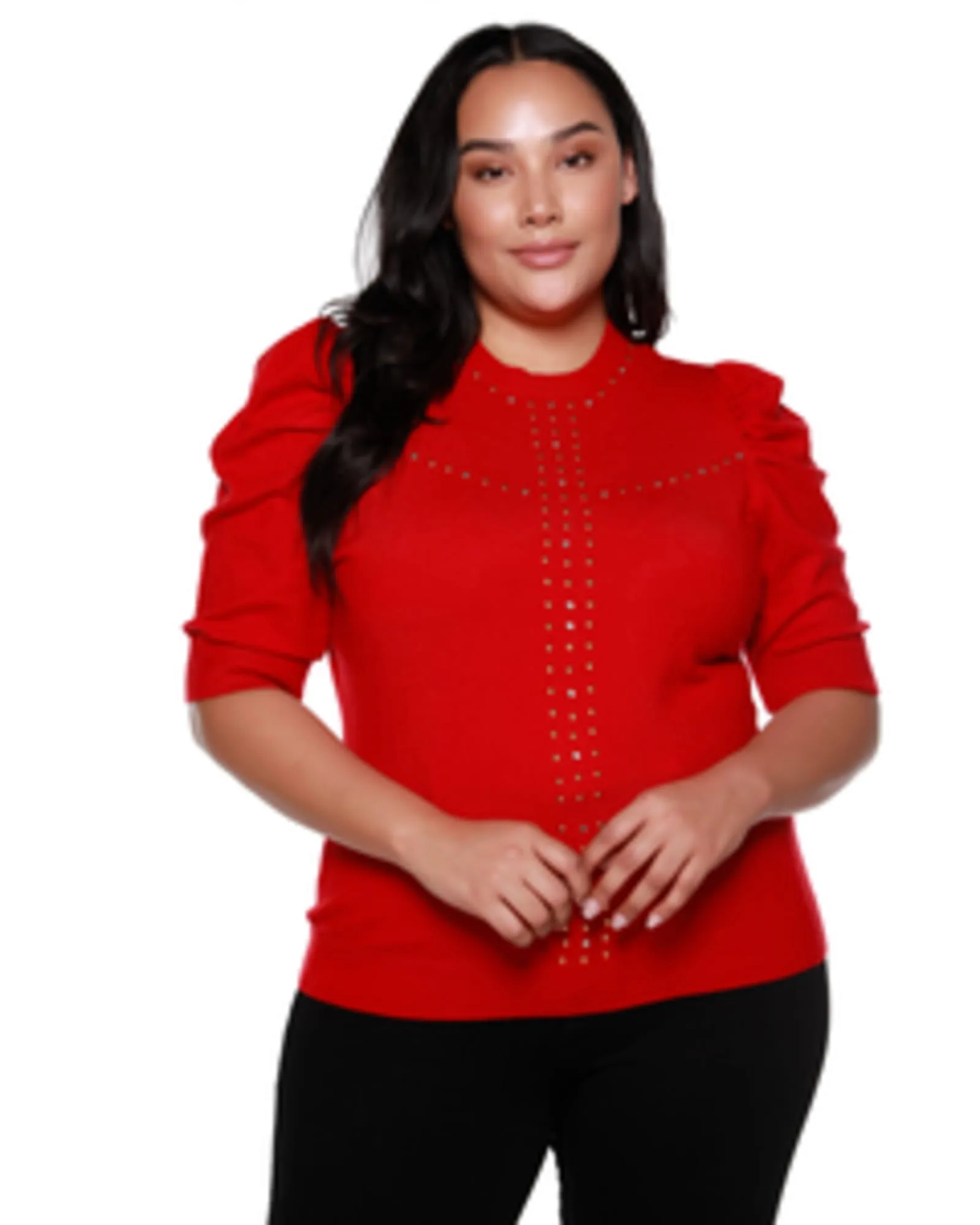 Edith Embellished Puff-Sleeve Sweater | Belldini Red/Gold