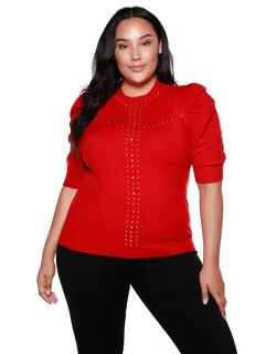 Edith Embellished Puff-Sleeve Sweater | Belldini Red/Gold