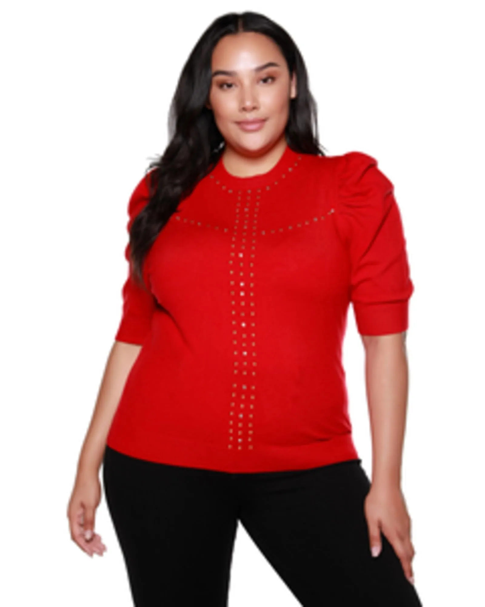 Edith Embellished Puff-Sleeve Sweater | Belldini Red/Gold