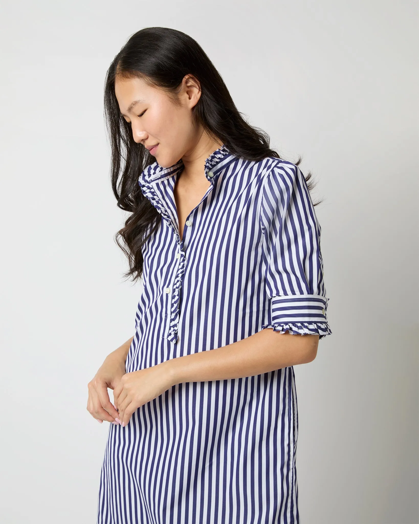 Elbow-Sleeved Frill Dress in Navy Awning Stripe Poplin