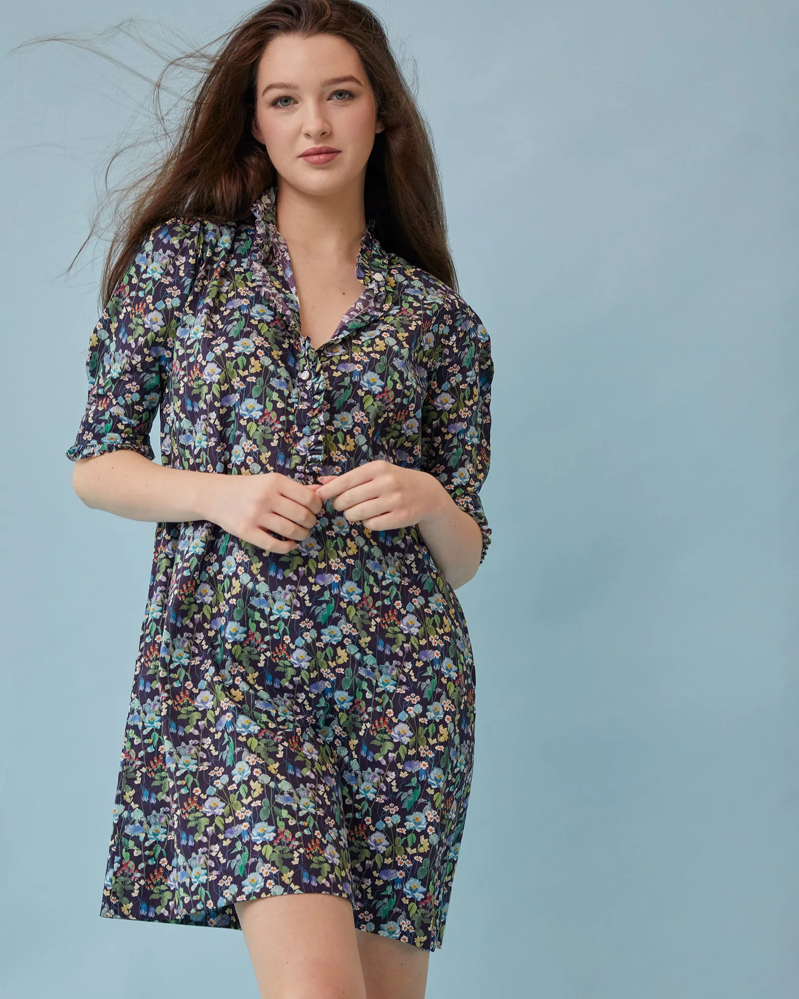 Elbow-Sleeved Frill Dress in Navy/Multi Fairytale Forest Liberty Fabric