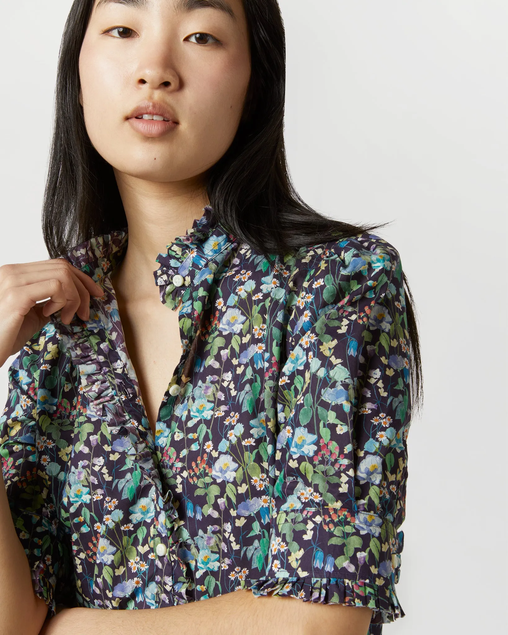 Elbow-Sleeved Frill Dress in Navy/Multi Fairytale Forest Liberty Fabric