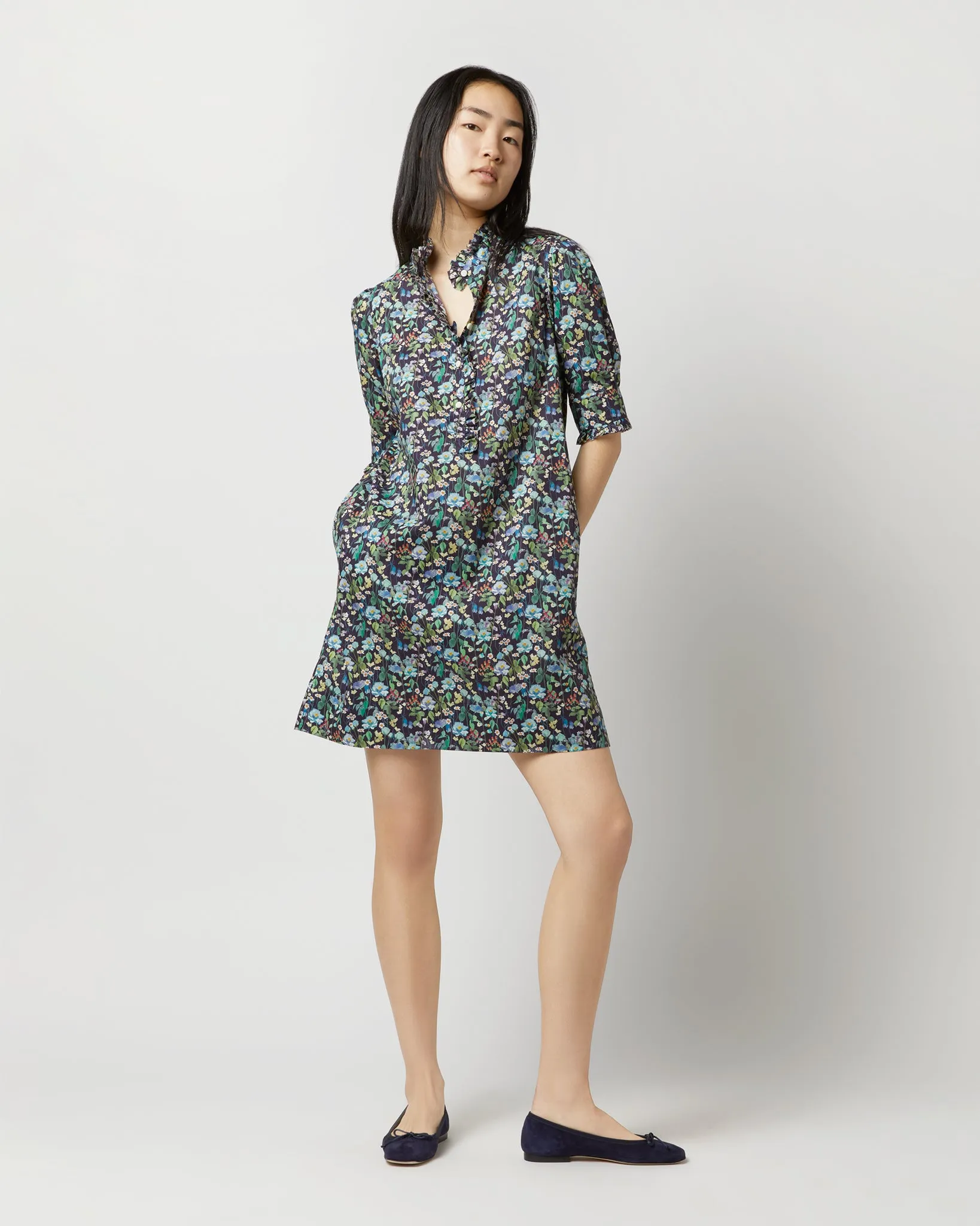 Elbow-Sleeved Frill Dress in Navy/Multi Fairytale Forest Liberty Fabric