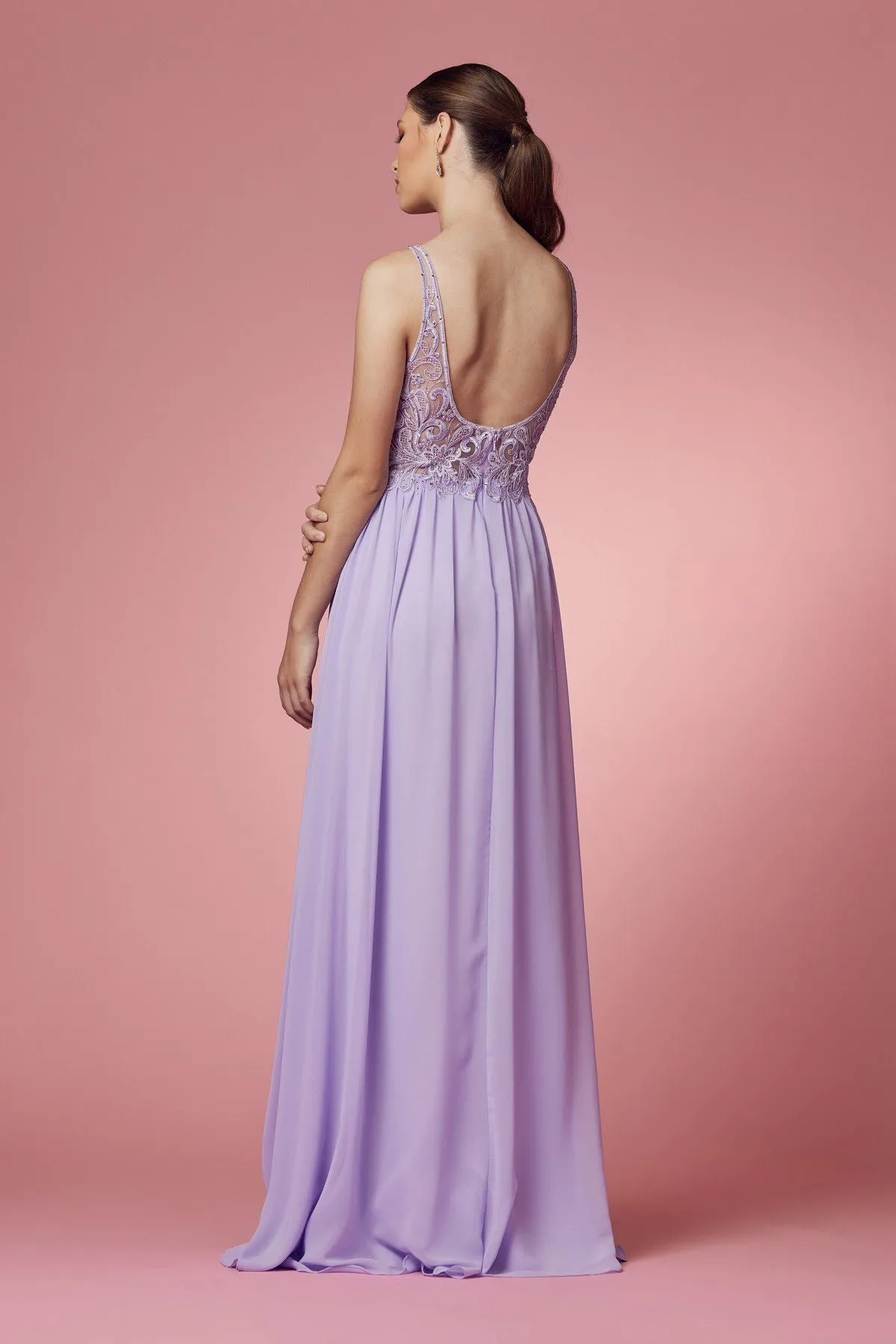 Embroidered Bodice Illusion V-Neck Side Slit Long Bridesmaid Dress NXY299
