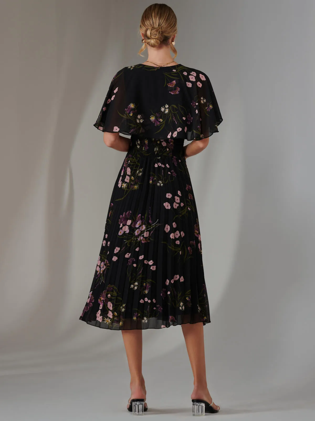 Floral Print Chiffon Pleated Dress, Black Pink Floral