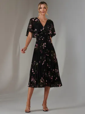 Floral Print Chiffon Pleated Dress, Black Pink Floral