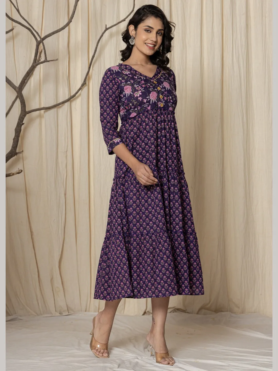 Floral Print Tiered Ankle Length Dress - Blue