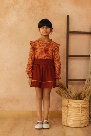 French Print Style Cotton Fay Girls Top - Orange Garden