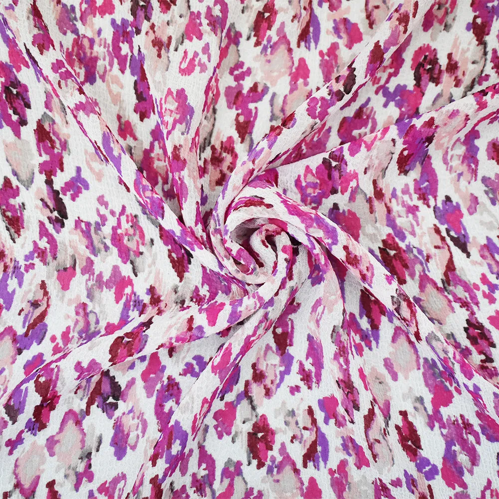 Fuchsia-Multi Abstract Water Color Spots Print Pebble Crepe Chiffon Fabric