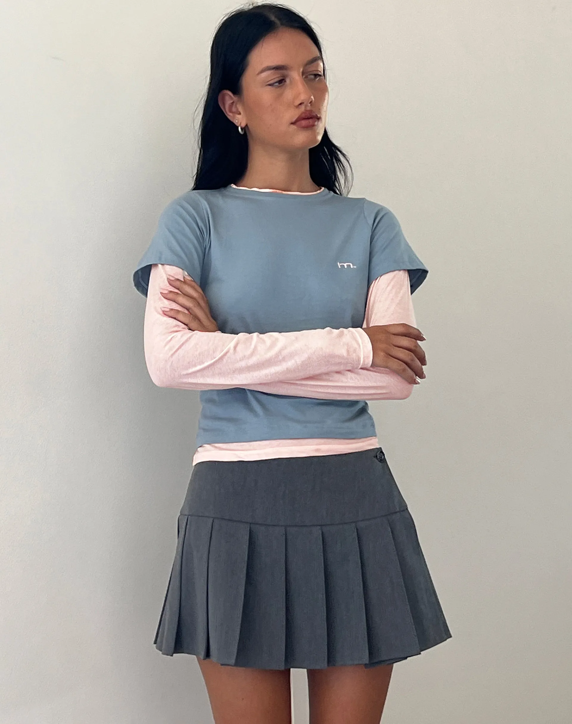 Galen Two Toned Long Sleeve Top in Light Grey Blush with 'M' Embroidery