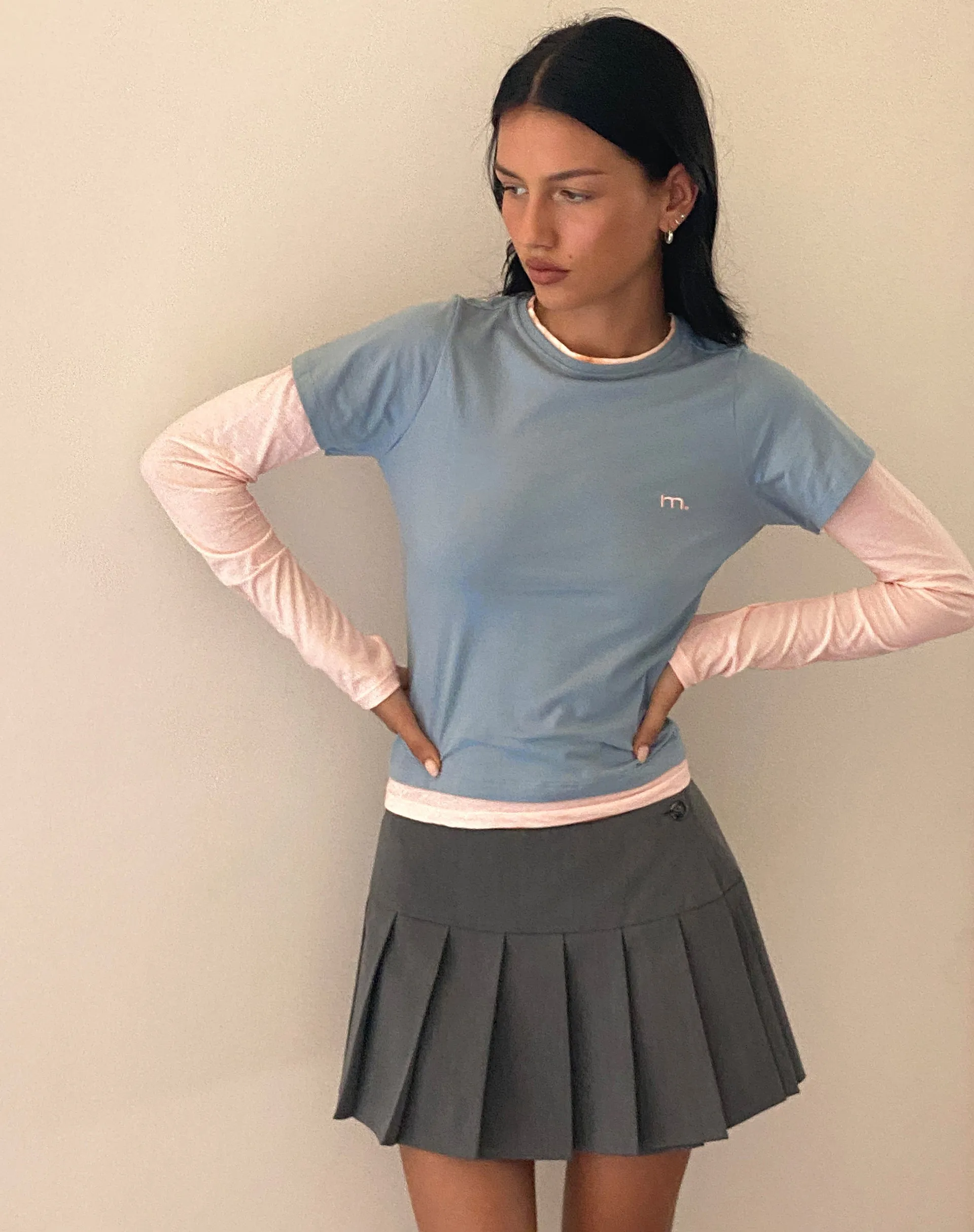 Galen Two Toned Long Sleeve Top in Light Grey Blush with 'M' Embroidery