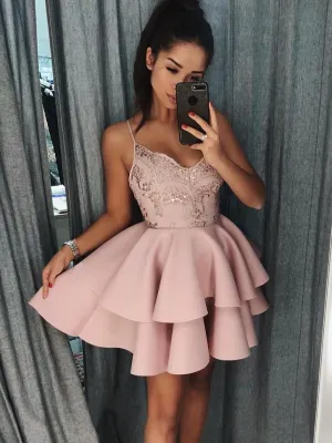 Graceful Satin Spaghetti Straps Neckline Short A-line Cocktail Dresses CD016