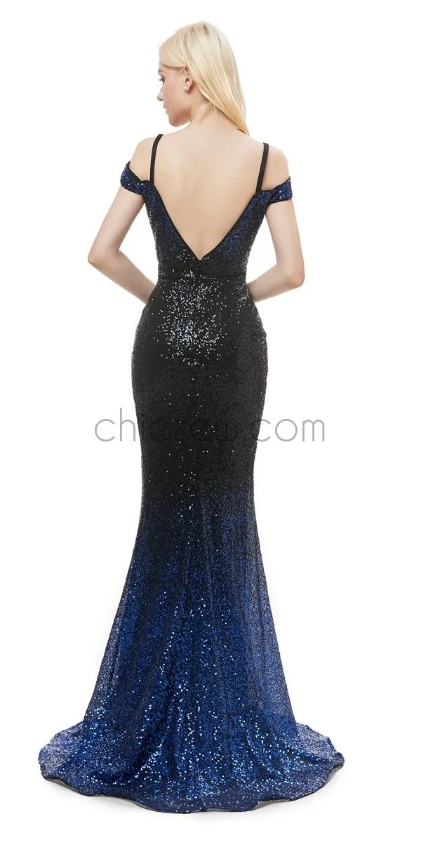 Gradient Color Off the Shoulder Sequin Mermaid SIde Slit Glitter  Prom Dresses With Beads, Evening Dresses LMX1144
