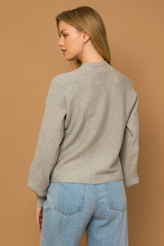 H-Grey Turtleneck Long Puff Sleeve Knit Sweater