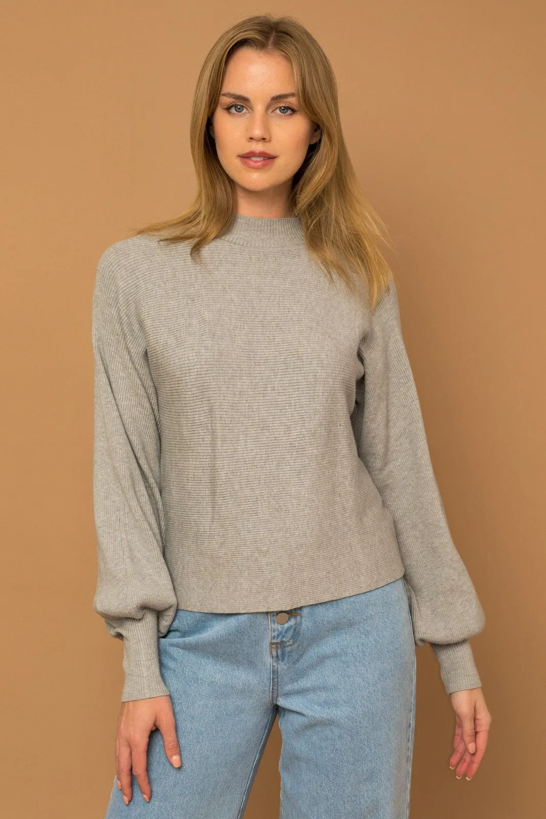 H-Grey Turtleneck Long Puff Sleeve Knit Sweater