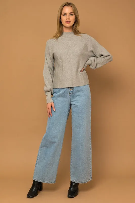 H-Grey Turtleneck Long Puff Sleeve Knit Sweater