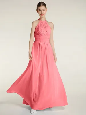 Halter Chiffon And Lace Long Dresses Watermelon