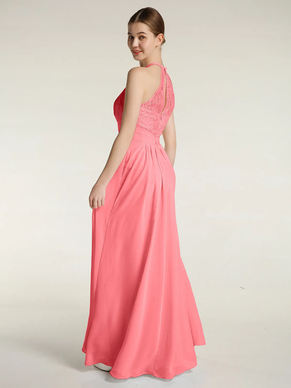 Halter Chiffon And Lace Long Dresses Watermelon