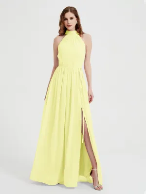 High Neck Chiffon Dresses with Slit and Sash Bow-Daffodil Plus Size