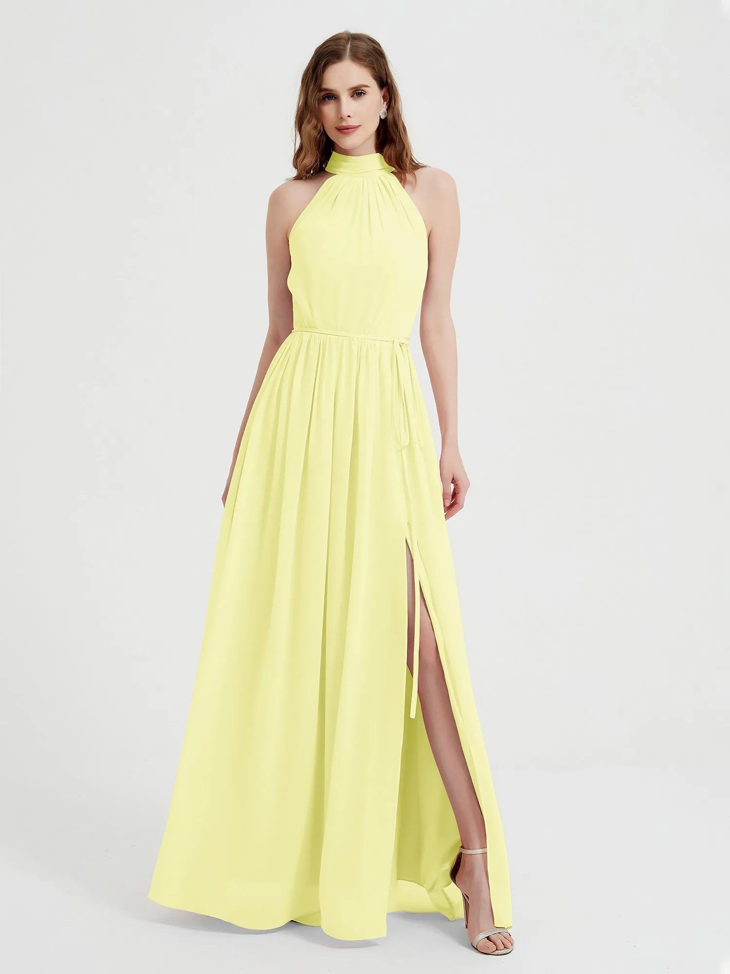 High Neck Chiffon Dresses with Slit and Sash Bow-Daffodil Plus Size