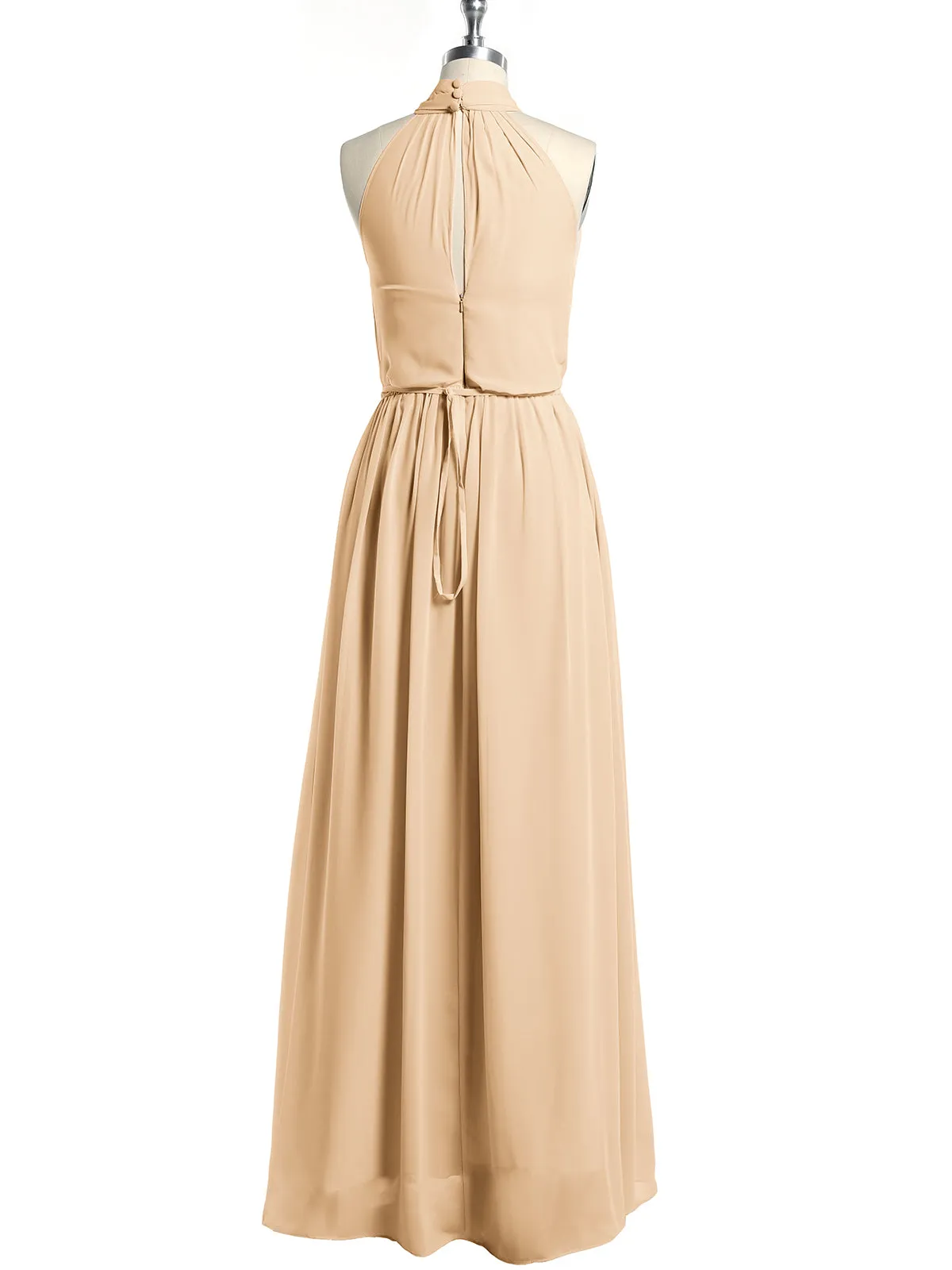 High Neck Chiffon Dresses with Slit and Sash Bow-Peach Plus Size