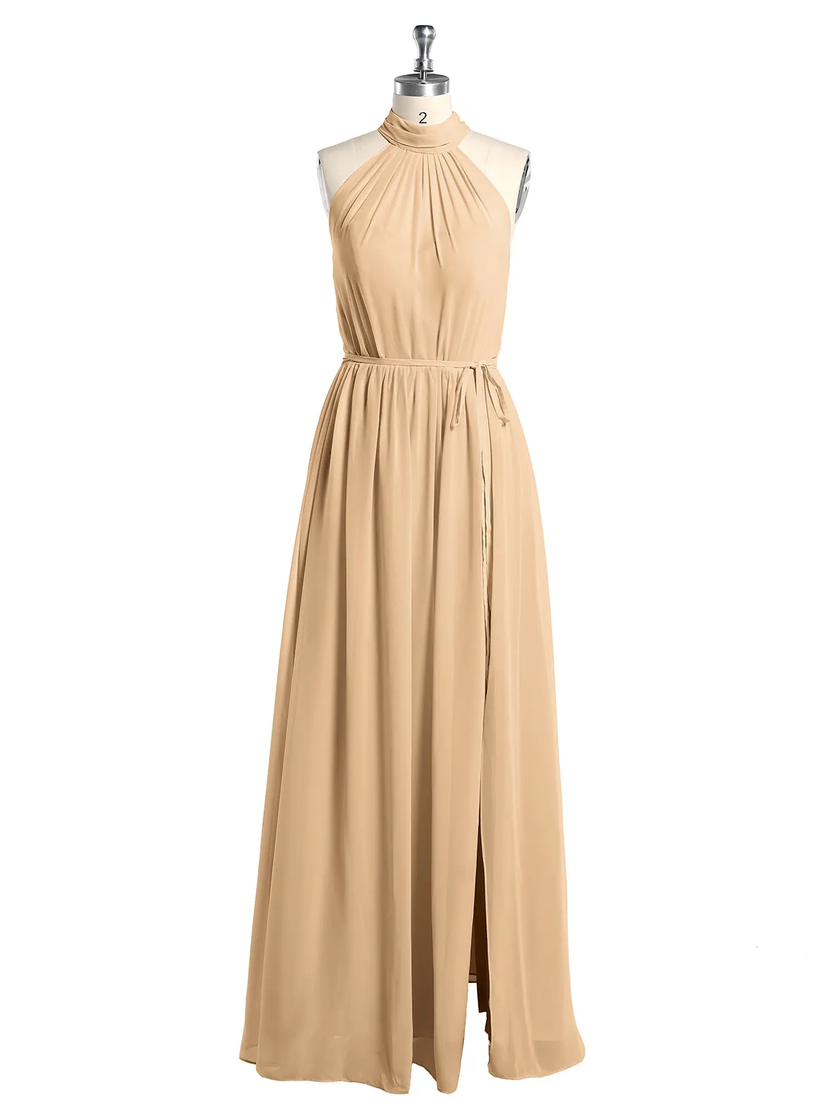 High Neck Chiffon Dresses with Slit and Sash Bow-Peach Plus Size