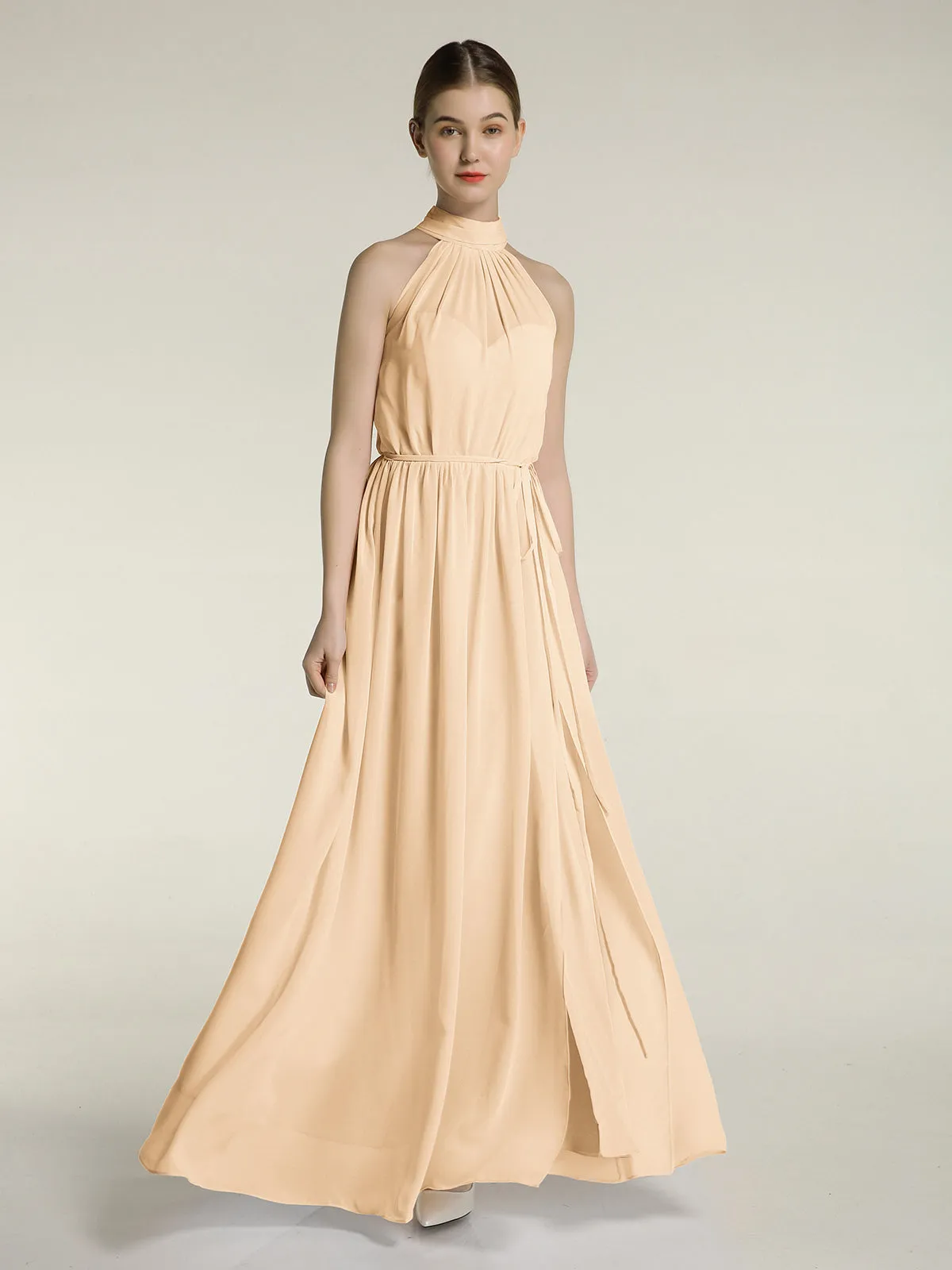 High Neck Chiffon Dresses with Slit and Sash Bow-Peach Plus Size