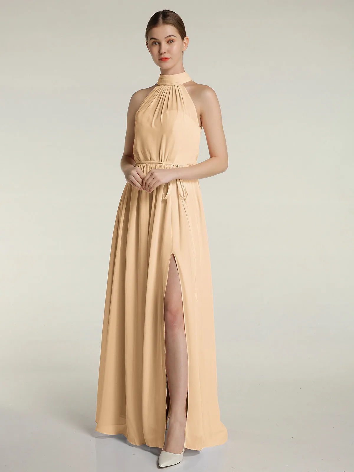 High Neck Chiffon Dresses with Slit and Sash Bow-Peach Plus Size