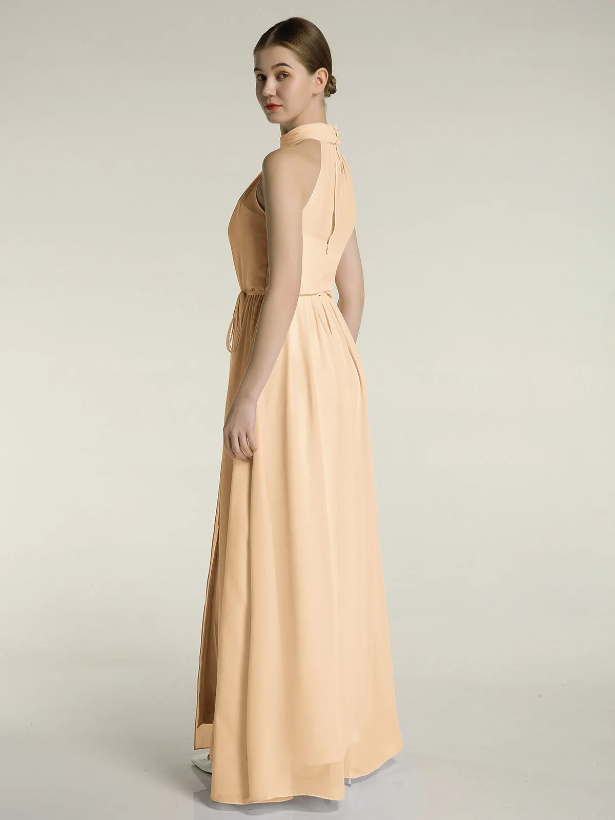 High Neck Chiffon Dresses with Slit and Sash Bow-Peach Plus Size