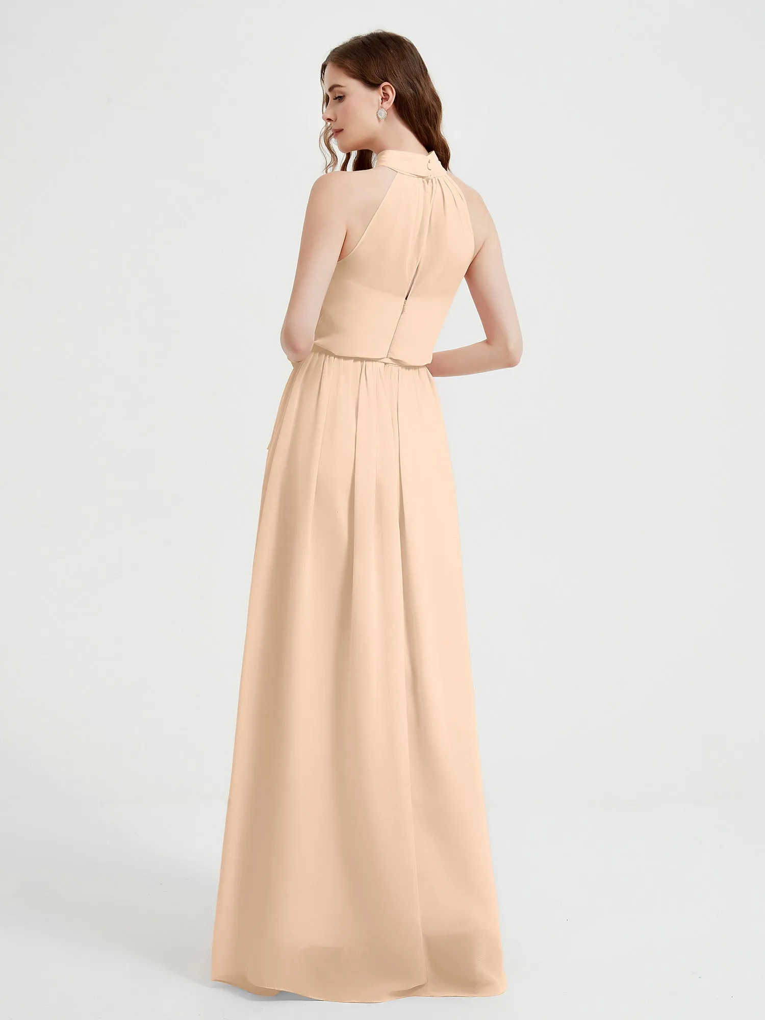High Neck Chiffon Dresses with Slit and Sash Bow-Peach Plus Size