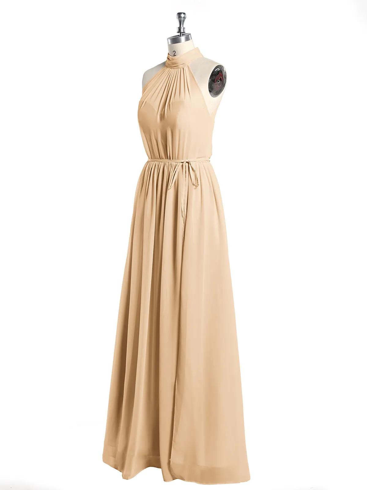 High Neck Chiffon Dresses with Slit and Sash Bow-Peach Plus Size