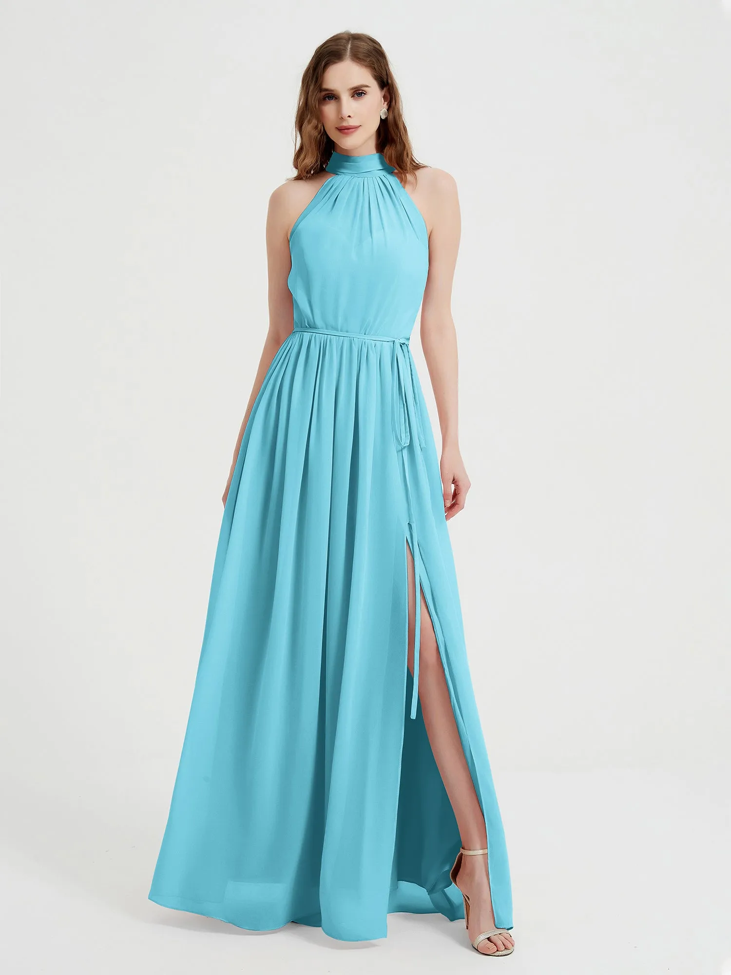 High Neck Chiffon Dresses with Slit and Sash Bow-Pool Plus Size