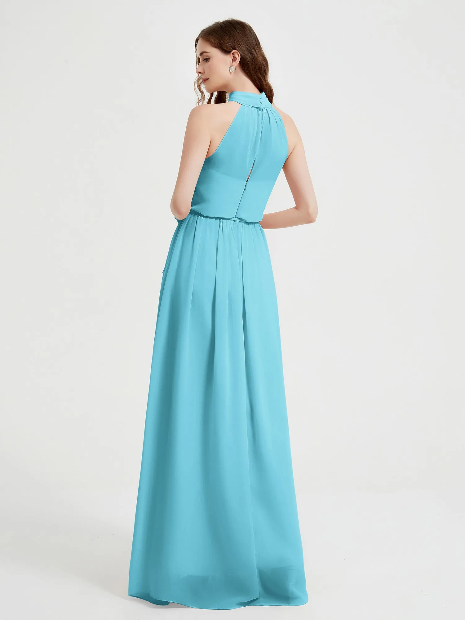 High Neck Chiffon Dresses with Slit and Sash Bow-Pool Plus Size