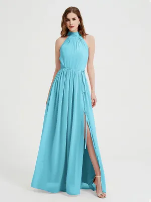 High Neck Chiffon Dresses with Slit and Sash Bow-Pool Plus Size
