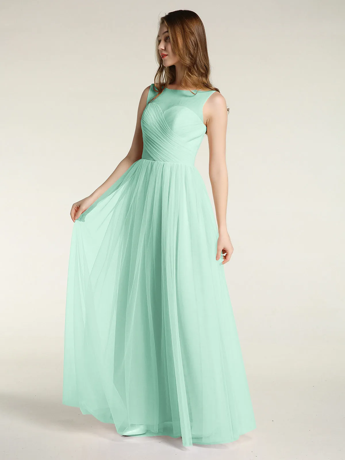 Illusion Neck Cross Tulle Bridesmaid Dresses-Mint Green