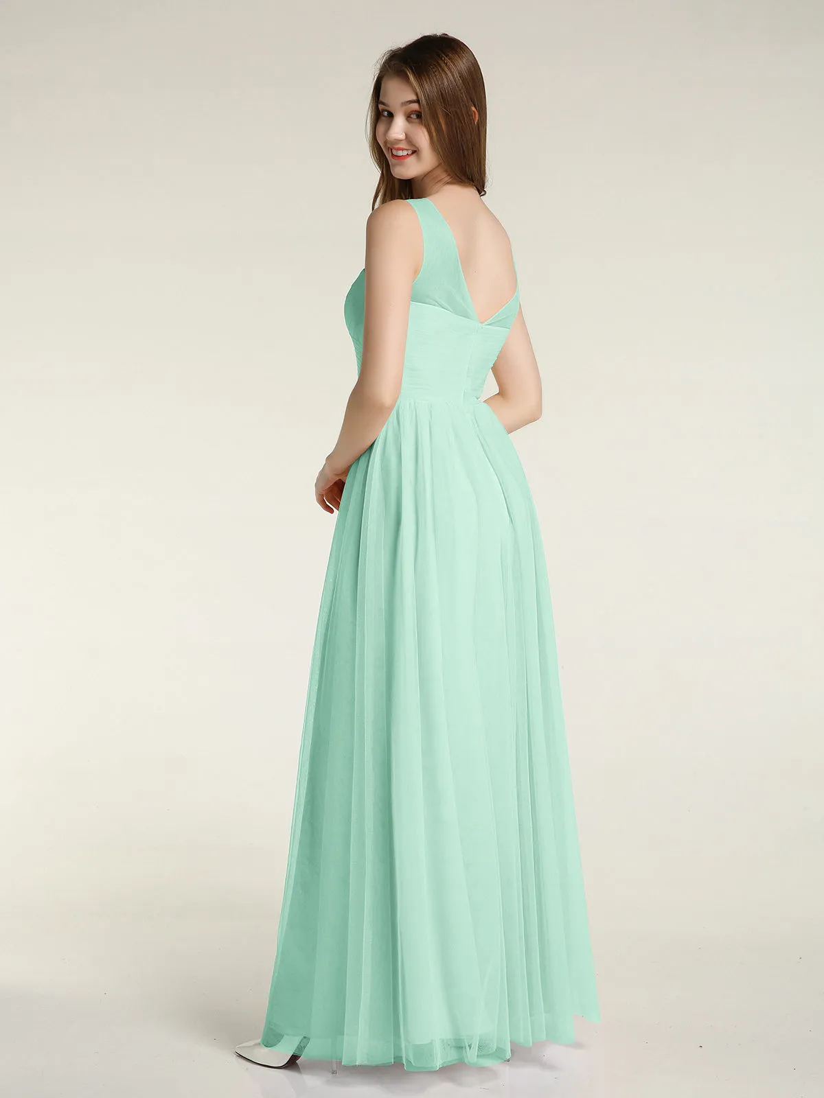 Illusion Neck Cross Tulle Bridesmaid Dresses-Mint Green