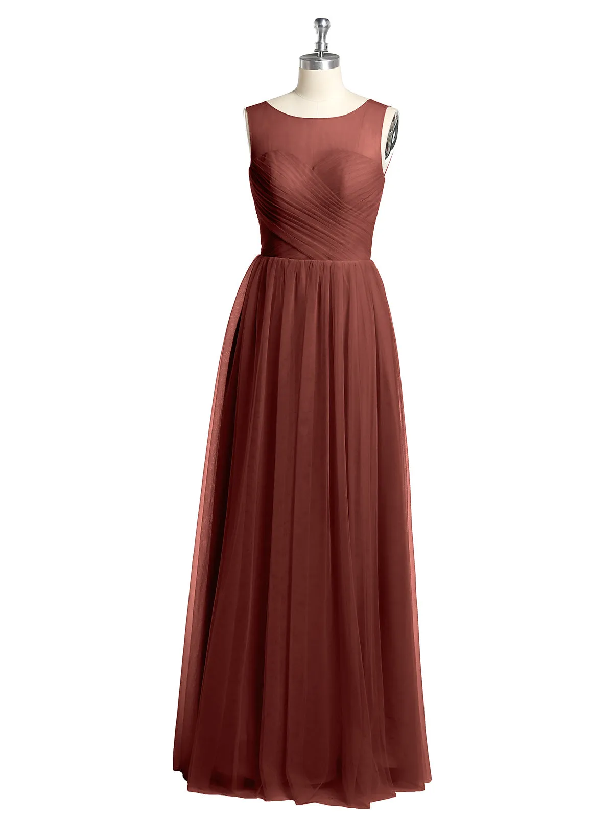 Illusion Neck Cross Tulle Bridesmaid Dresses-Terracotta
