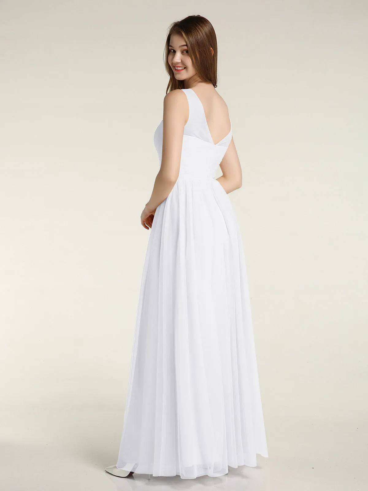 Illusion Neck Cross Tulle Bridesmaid Dresses-White