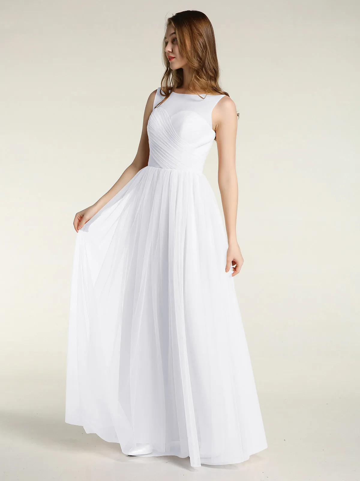 Illusion Neck Cross Tulle Bridesmaid Dresses-White