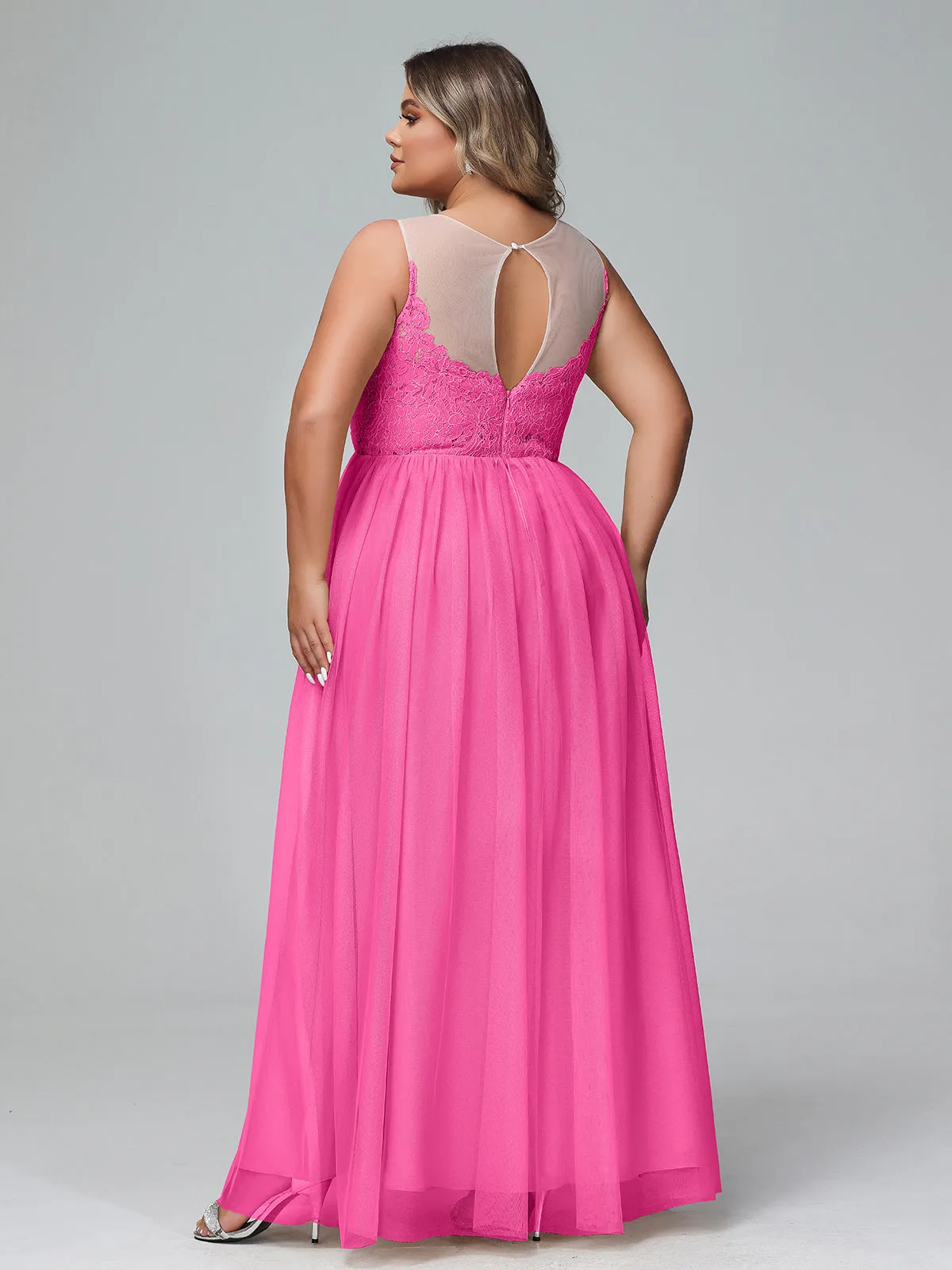 Illusion Neckline Lace and Tulle Maxi Dress-Azalea Plus Size