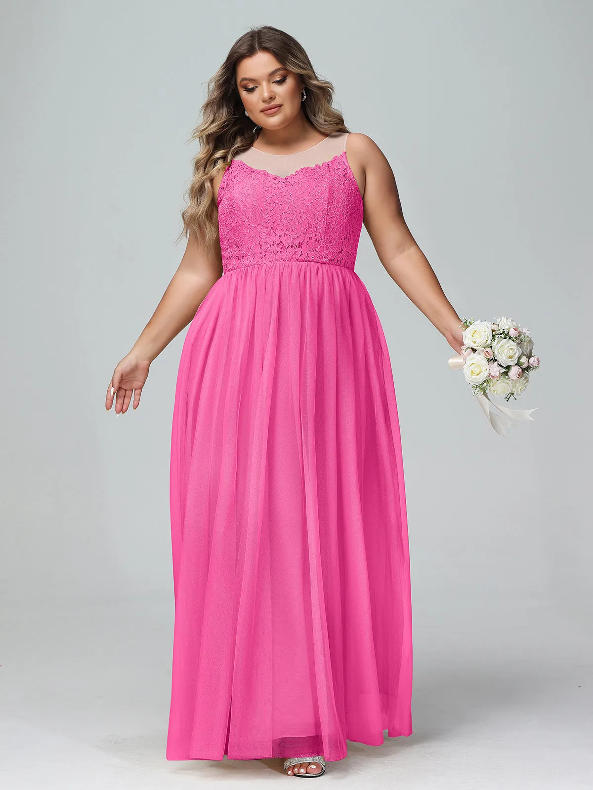Illusion Neckline Lace and Tulle Maxi Dress-Azalea Plus Size