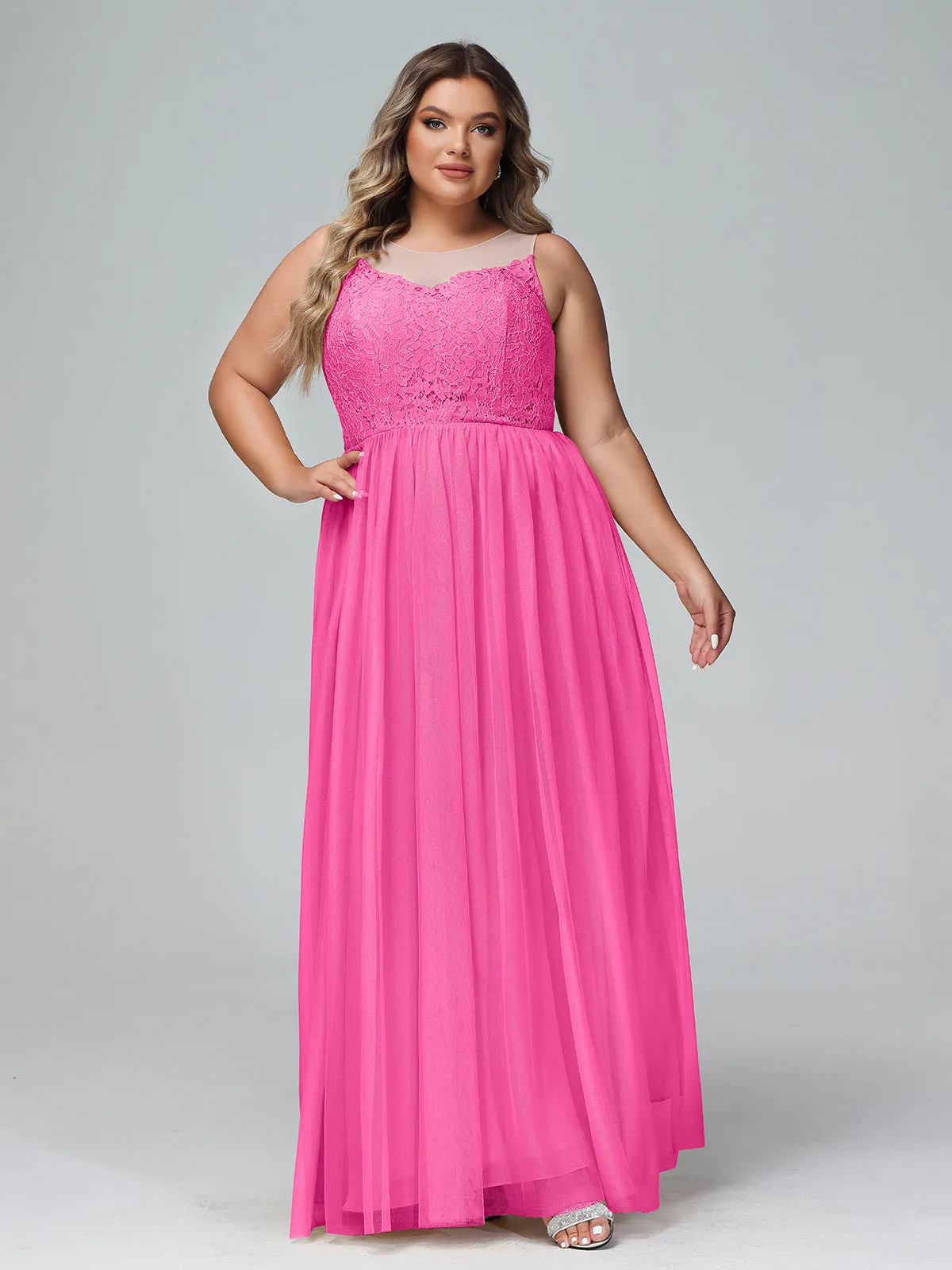 Illusion Neckline Lace and Tulle Maxi Dress-Azalea Plus Size